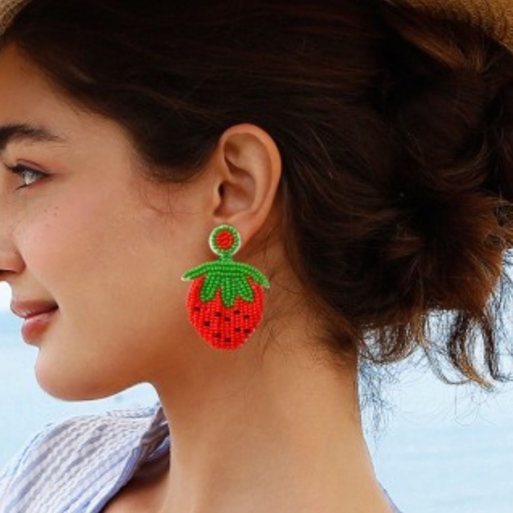 Free People Red and Green Beaded Strawberry Drop Earrings